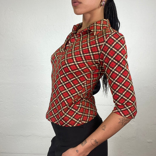 Vintage 2000’s Office Girl Red 2/4 Sleeve Polo Style Shimmer Checkered Top with Collar (M)