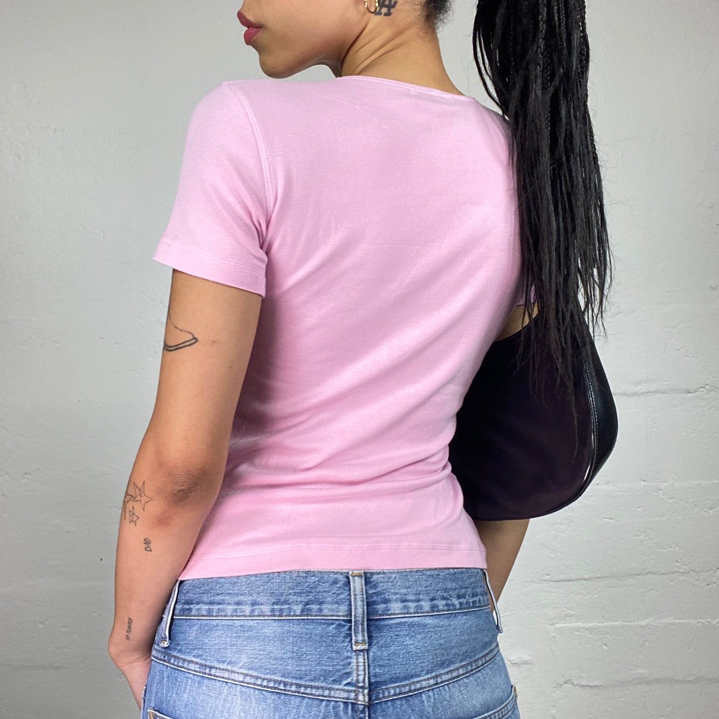 Vintage 2000's Downtown Girl Baby Pink Play With Me Tee with Body Black Print (L)