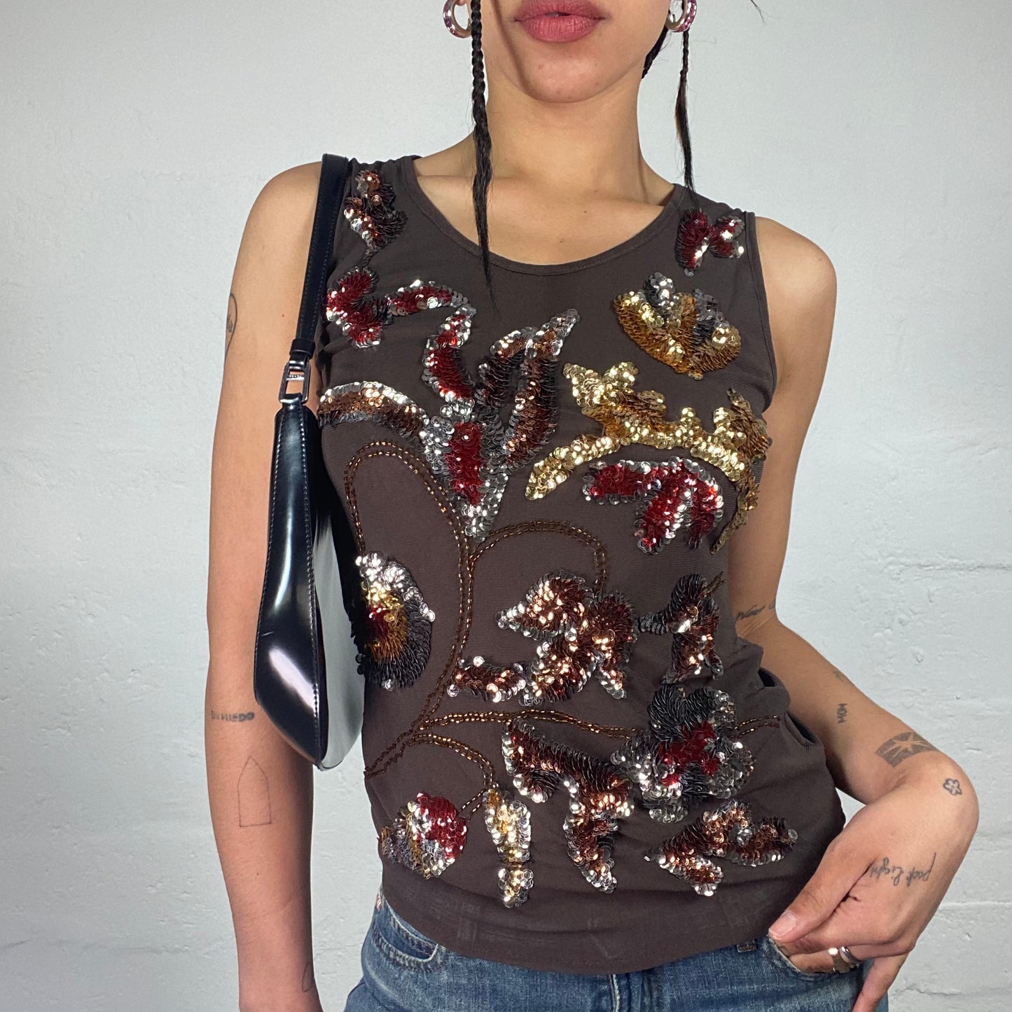 Vintage 2000's Boho Girl Brown Jersey Tank Top with Extra Floral Sequin Embroidery (L)