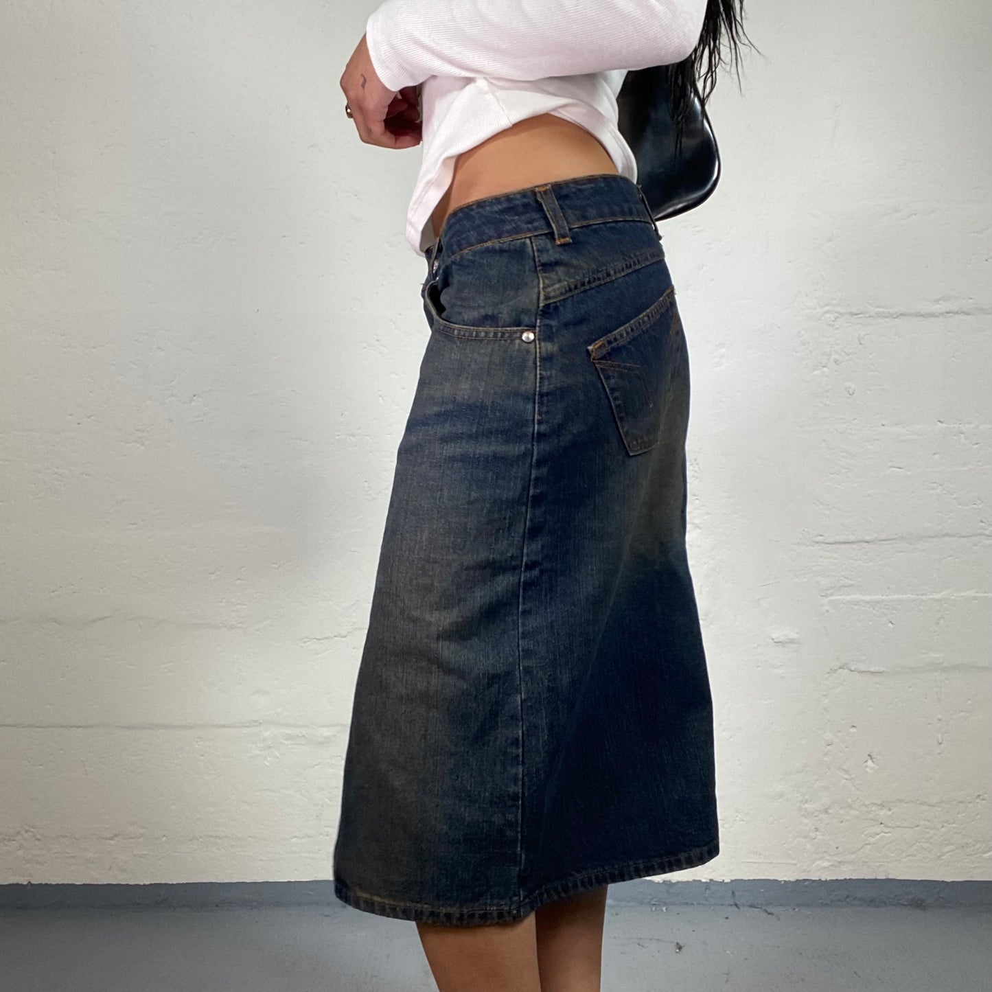 Vintage 2000's Boho Girl Beige Wash Out Midi Denim Skirt (M)