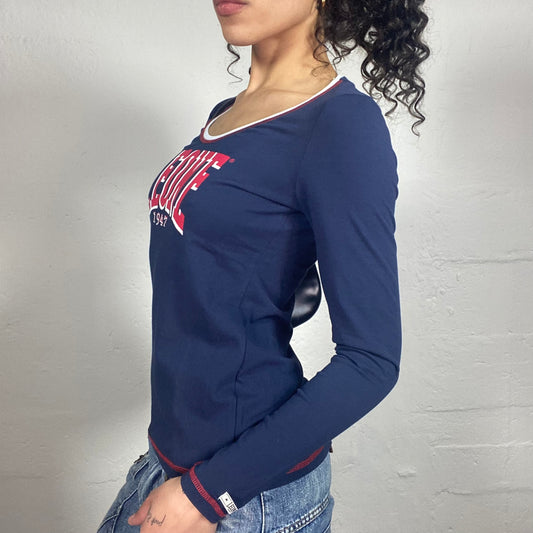 Vintage 2000's Sporty Navy Blue Longsleeve Top with Leone Red Print and Red Seaming (M)