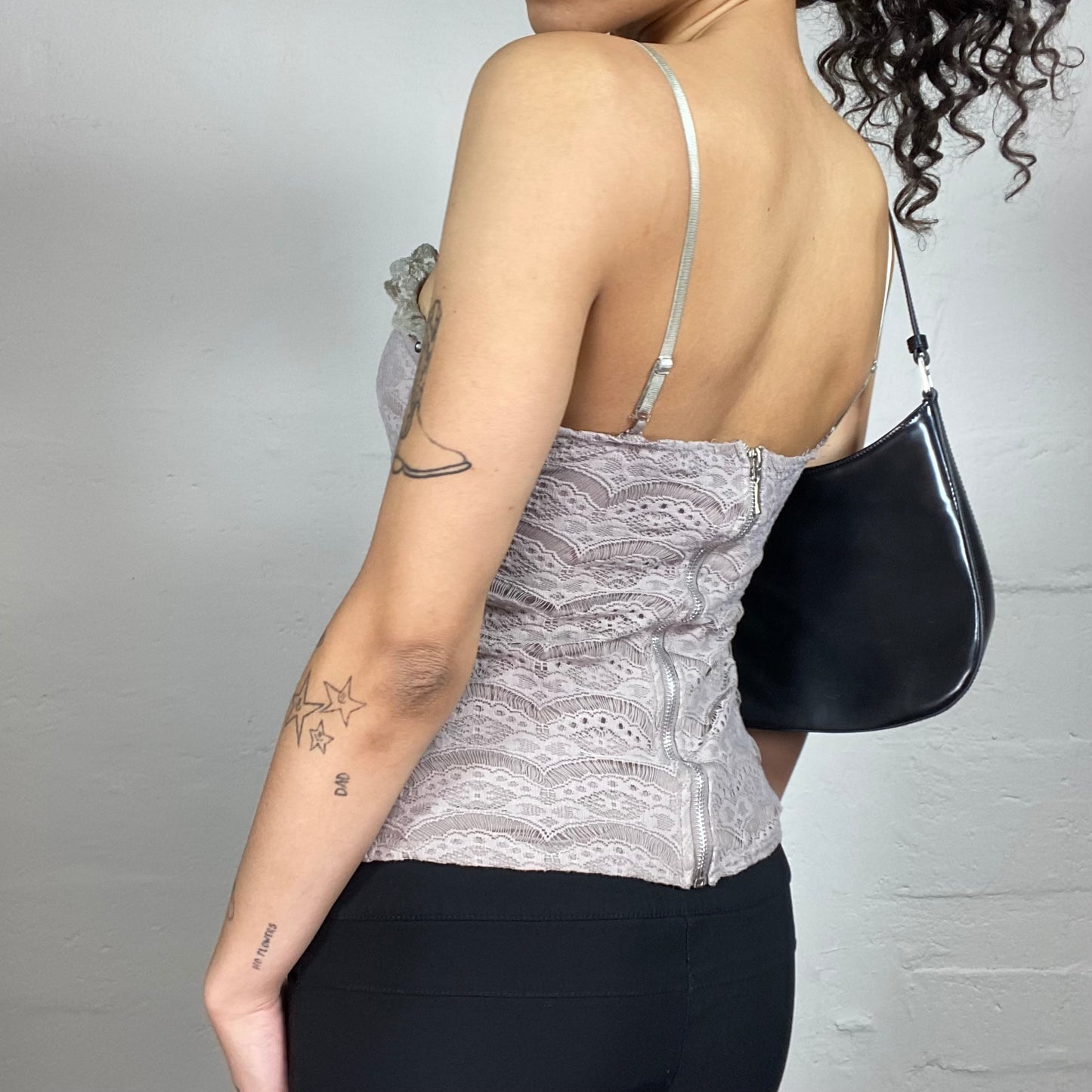 Vintage 2000's Morgan Coquette Beige Lace Printed Cami Corset with Ruffled Lace Trim (S)