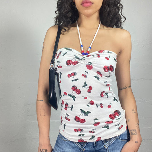 Vintage 2000's Summer White Neckholder Top with Cherry Printed Top (S/M)