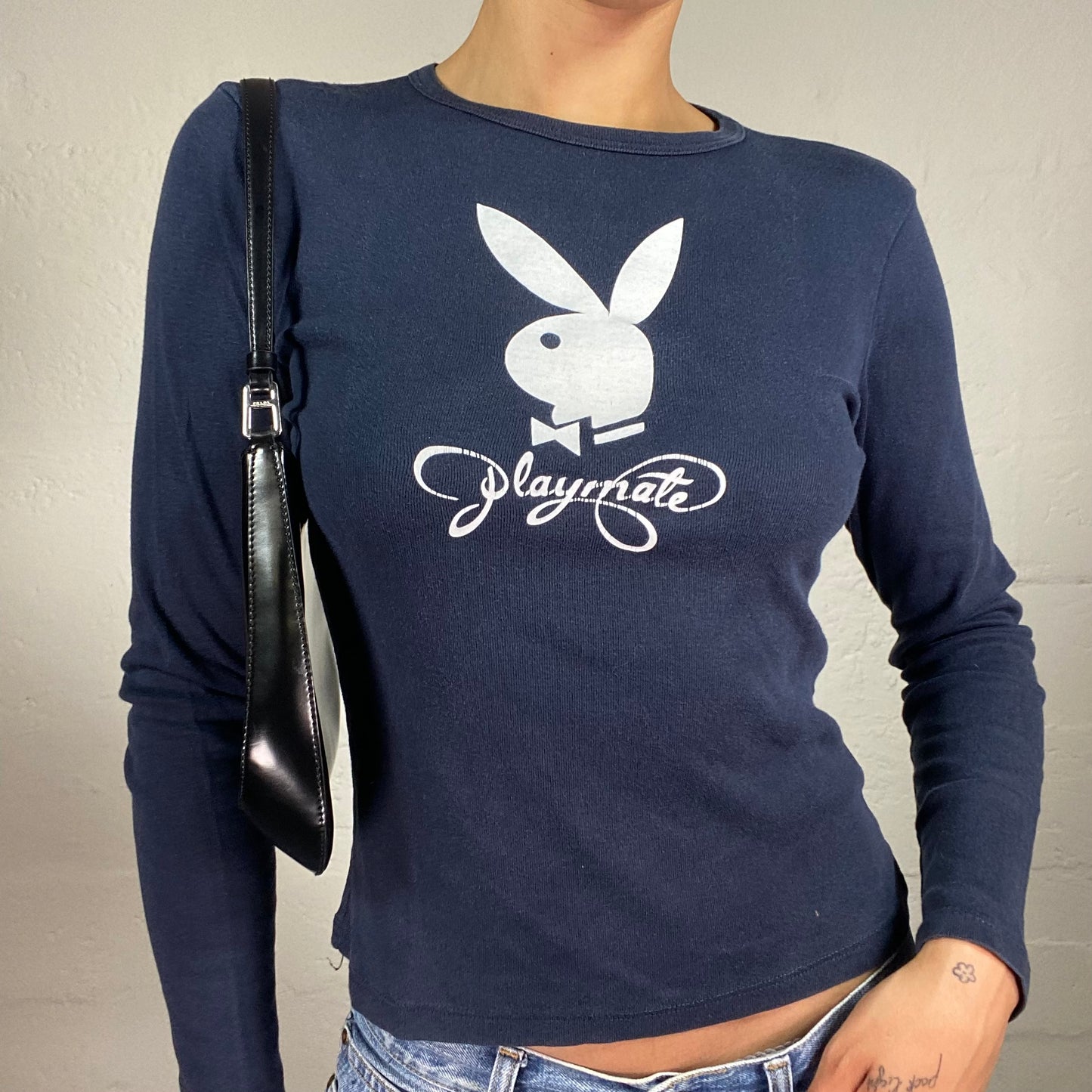 Vintage 2000's Playboy Casual Navy Blue Longsleeve Top with Playmate Logo White Print (L)