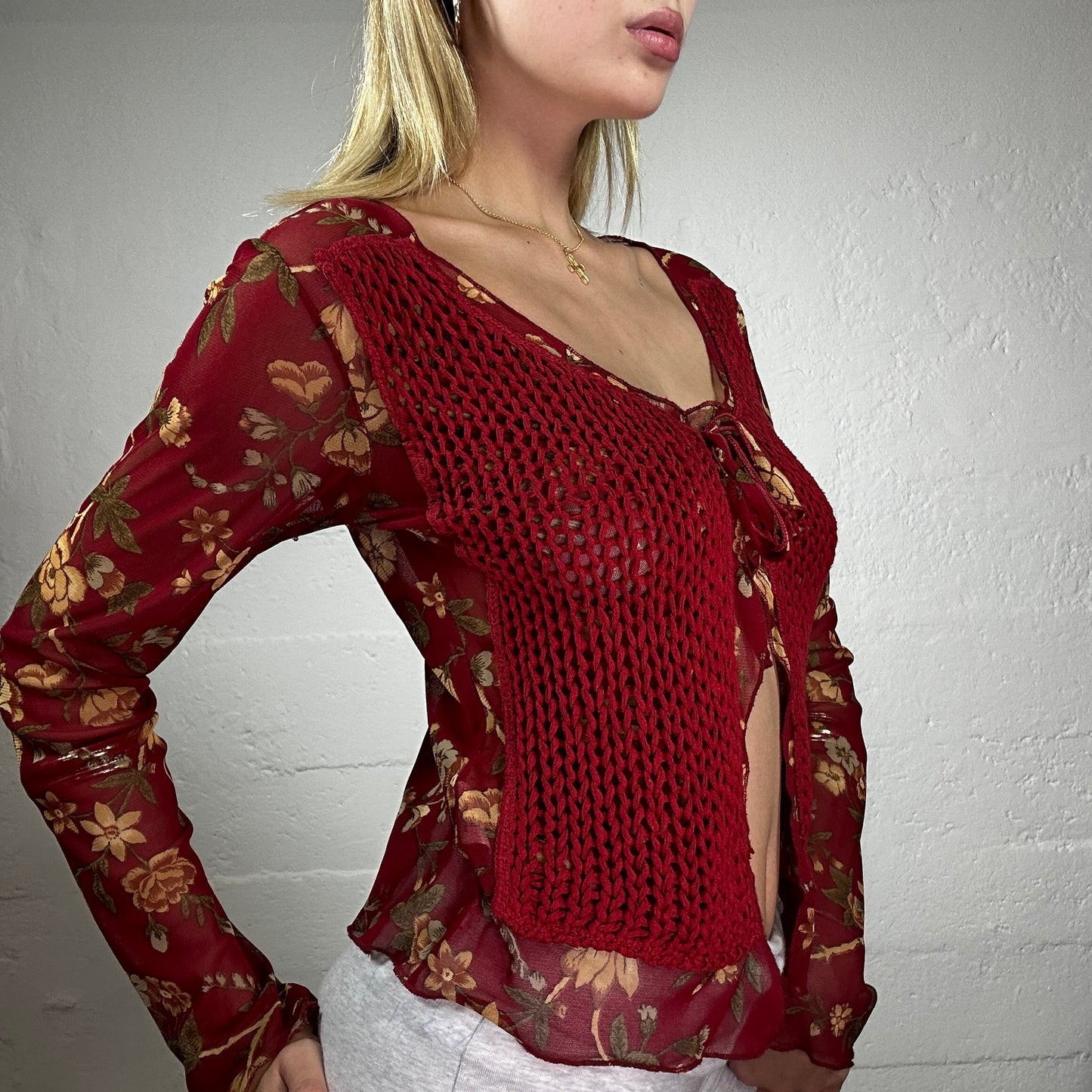 Vintage 2000's Forest Fairy Red Mesh and Crochet Longsleeve Top with Floral Print (M/L)