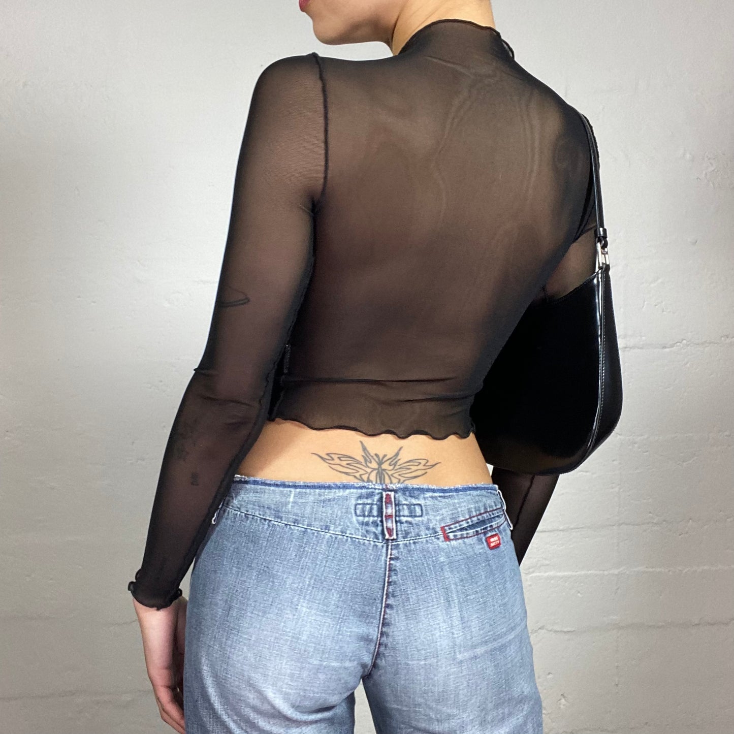 Vintage 2000's Popstar Mesh See Through Black Longsleeve Top with Silver Stars (S)