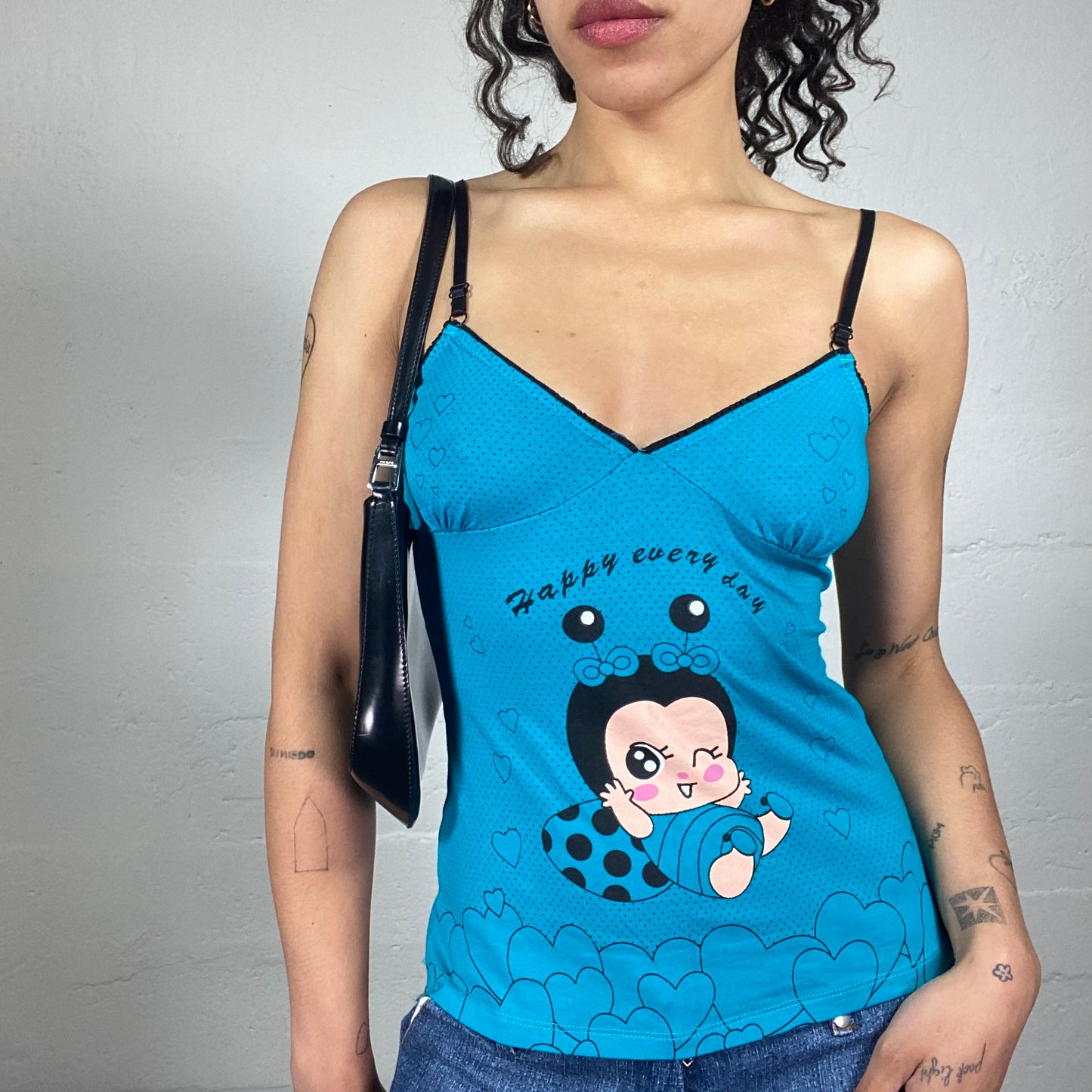 Vintage 2000's Playful Blue Cami Top with Cartoon Baby Print and Black Seaming (S/M)