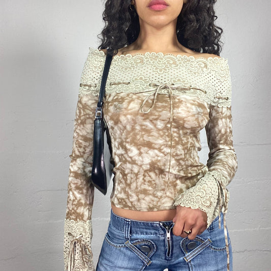 Vintage 2000's Boho Girl Off Shoulders Brown and Beige Tie Dye Effect Print Longsleeve Top (S)