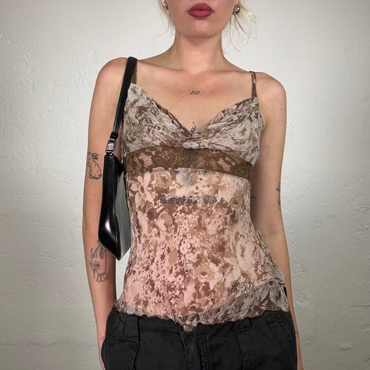 Vintage 2000's Liu Jo Coffee Brown Lace Floral Print Cami Top (S)