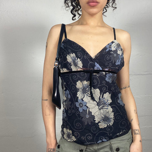 Vintage 2000's Romantic Midnight Black Chiffon Cami Top with Navy Blue Floral Print (M)