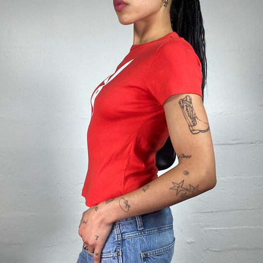 Vintage 2000's Playboy Red Orange Baby Tee with White Logo Print (S)