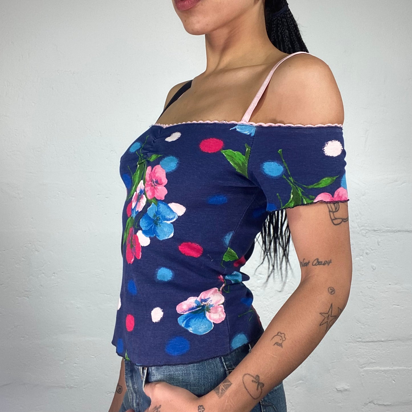 Vintage 2000's Cute Blue Off Shoulder Top with Pink Toned Colourful Print (S)