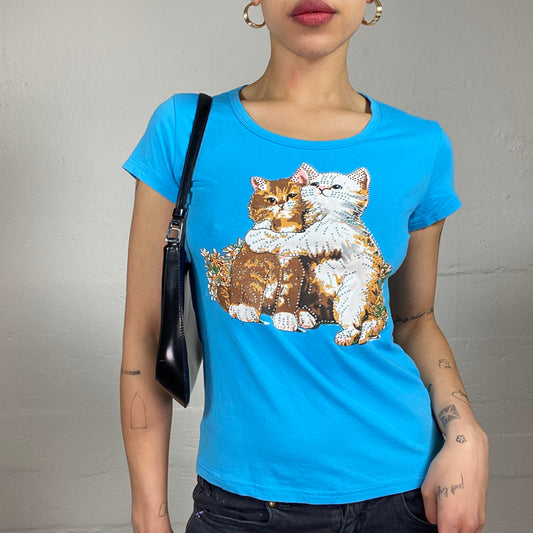 Vintage 2000's Cute Summer Aquamarine Blue Baby Tee with Cats Print (L)