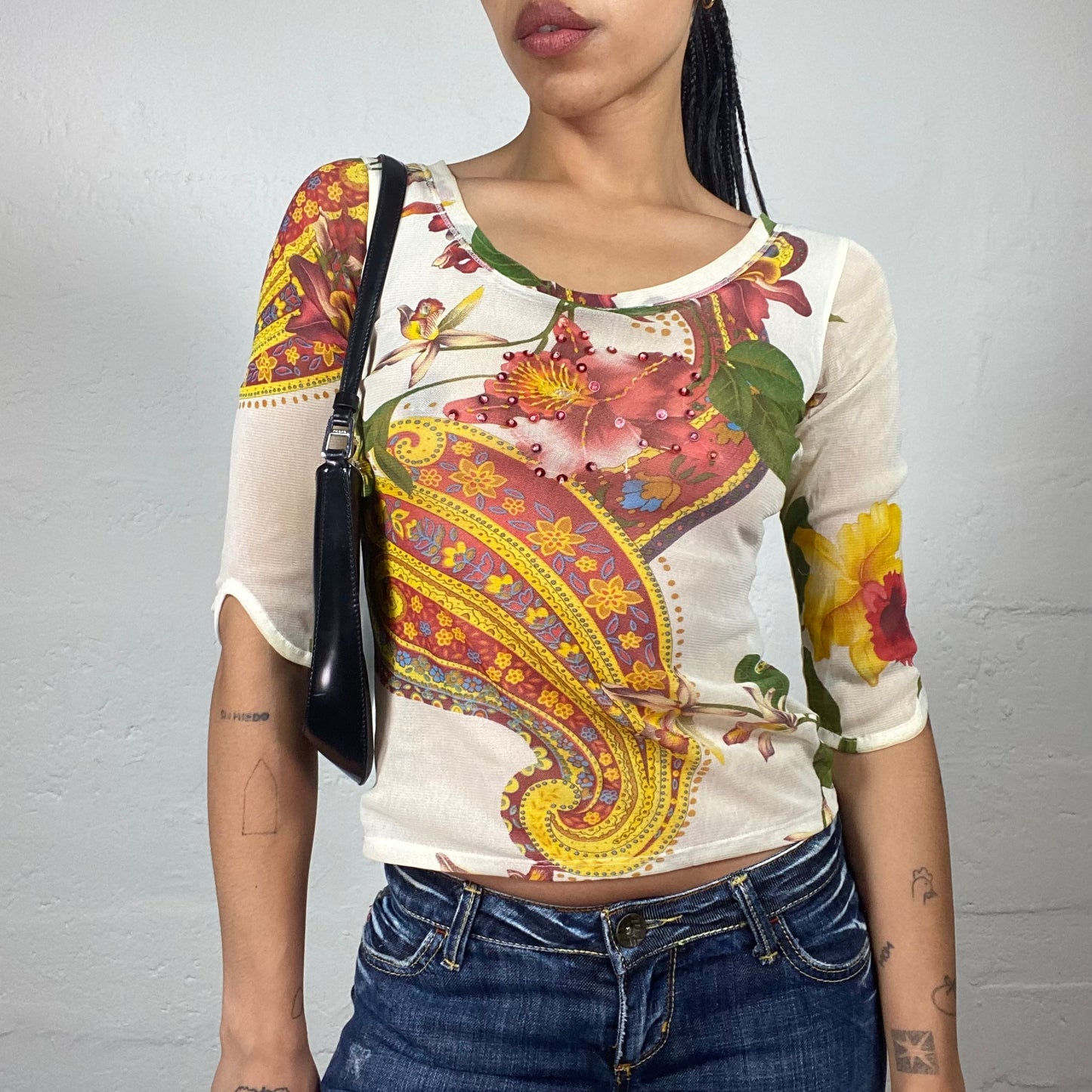 Vintage 2000's Summer Boho White 2/4 Sleeve Mesh Top with Orange Yellow and Green Print (S/M)