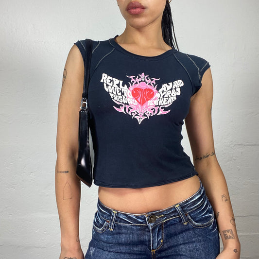 Vintage 2000's Skater Girl Navy Blue Cropped Tank Top with White Pink and Red Heart and Typo Print (S/M)
