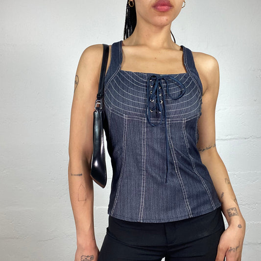 Vintage 2000's Downtown Girl Navy Blue Denim Effect Laced Up Top with White Seaming (S)