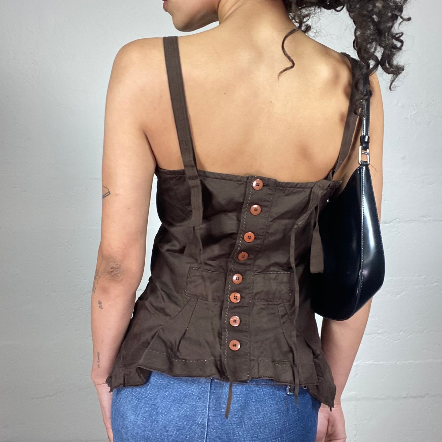 Vintage 2000's Coquette Brown Corset Style Ruffled Top with Button Up Back (M)