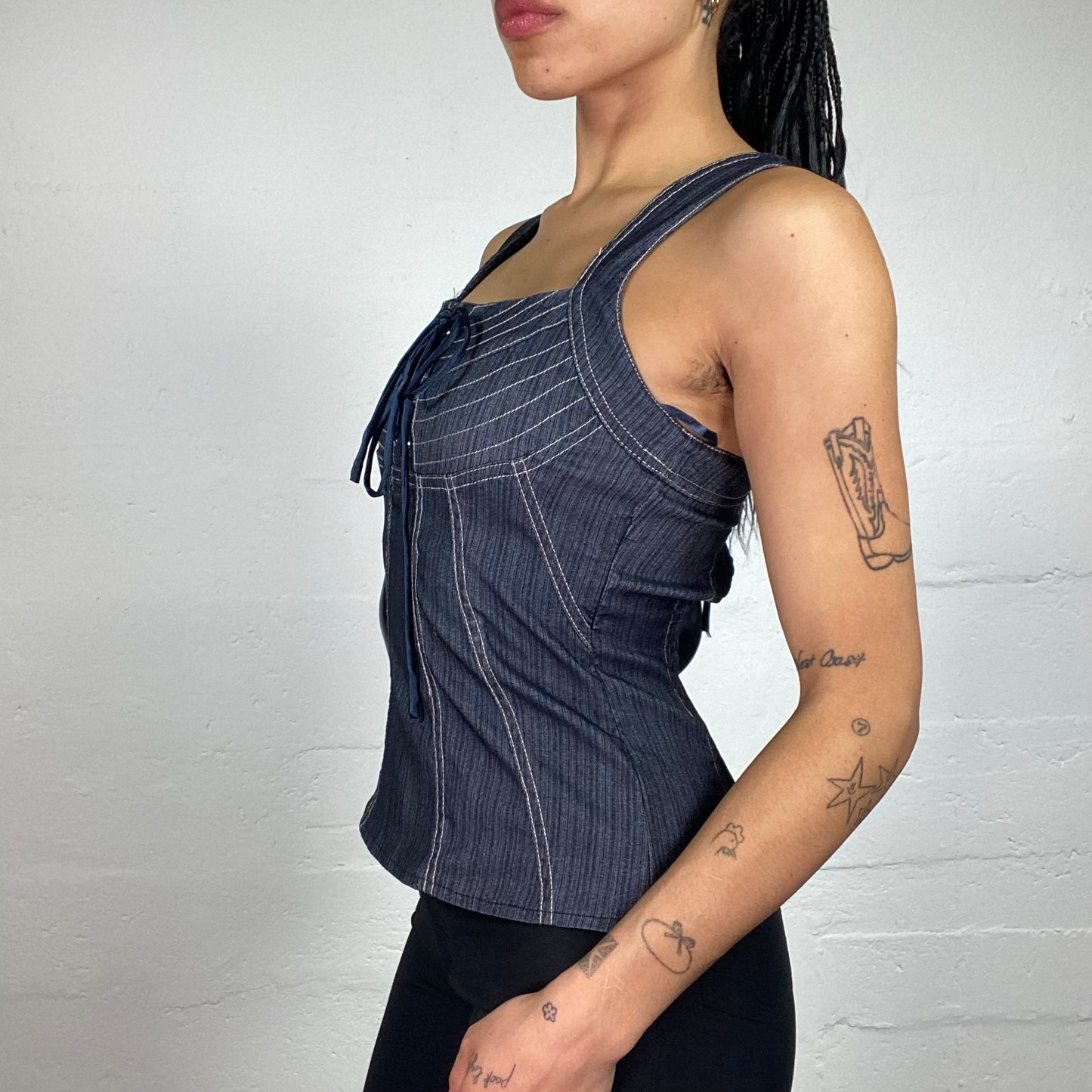 Vintage 2000's Downtown Girl Navy Blue Denim Effect Laced Up Top with White Seaming (S)