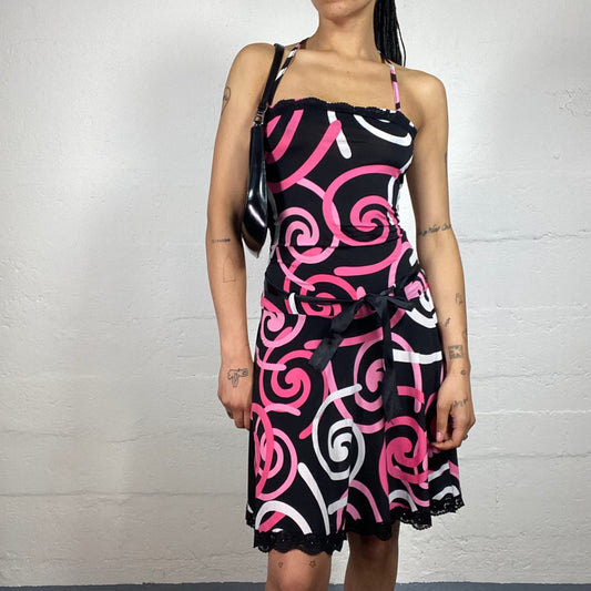 Vintage 2000's Summer Downtown Girl Black White and Pink Spirals Printed Neckholder Dress with Satin Ribbon Detail (S)