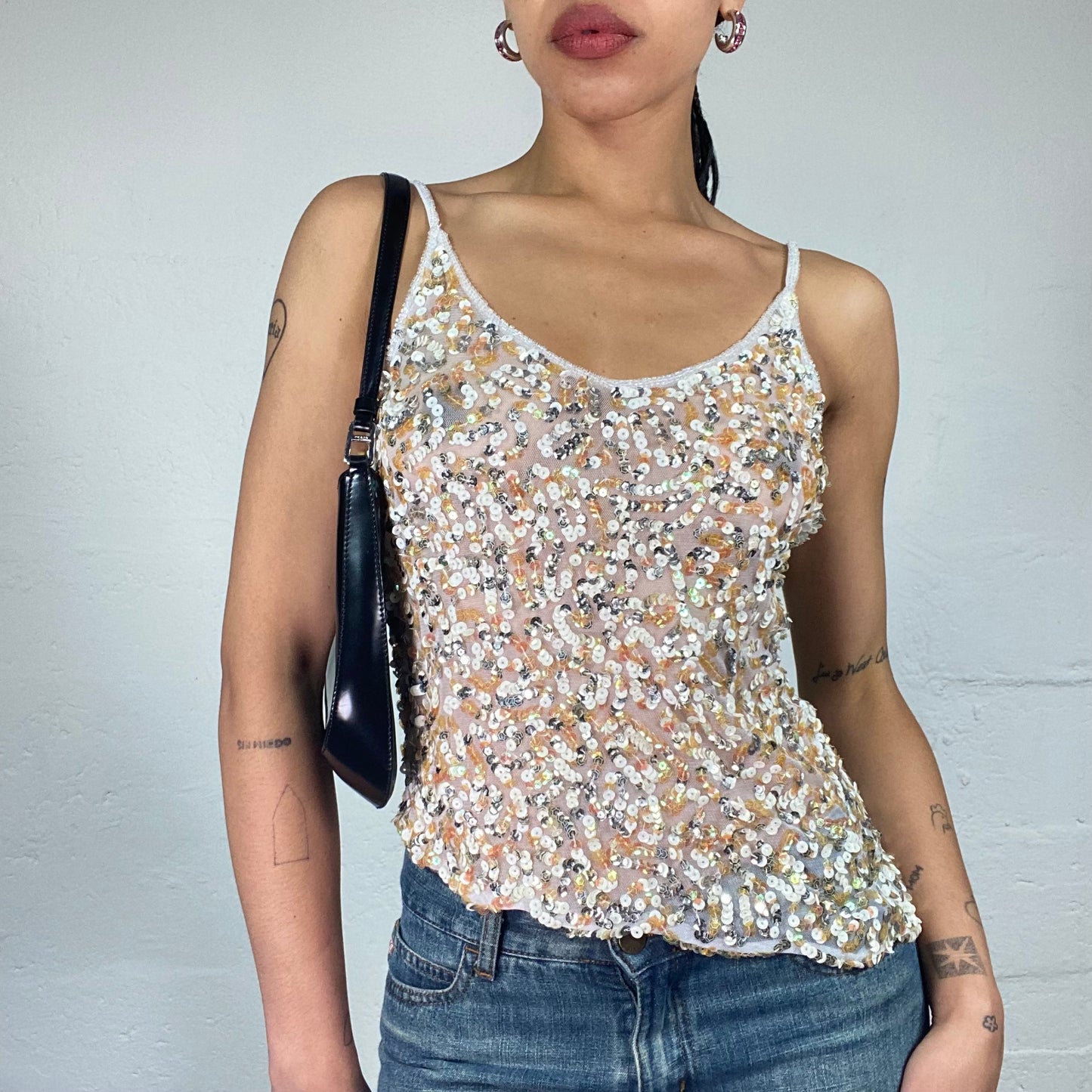 Vintage 2000's Downtown Girl White Asymmetric See Through Cami Top with Sequin Embroidery (S)