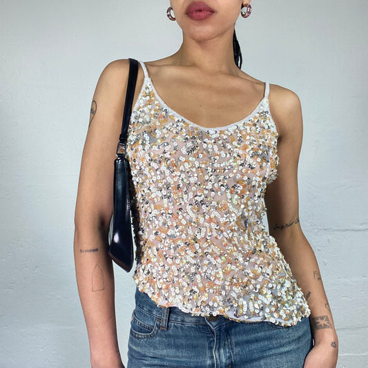 Vintage 2000's Downtown Girl White Asymmetric See Through Cami Top with Sequin Embroidery (S)