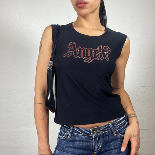 Vintage 2000's Biker Girl Black Classy Tank Top with Red Sparkly Angel Typo Print (L)