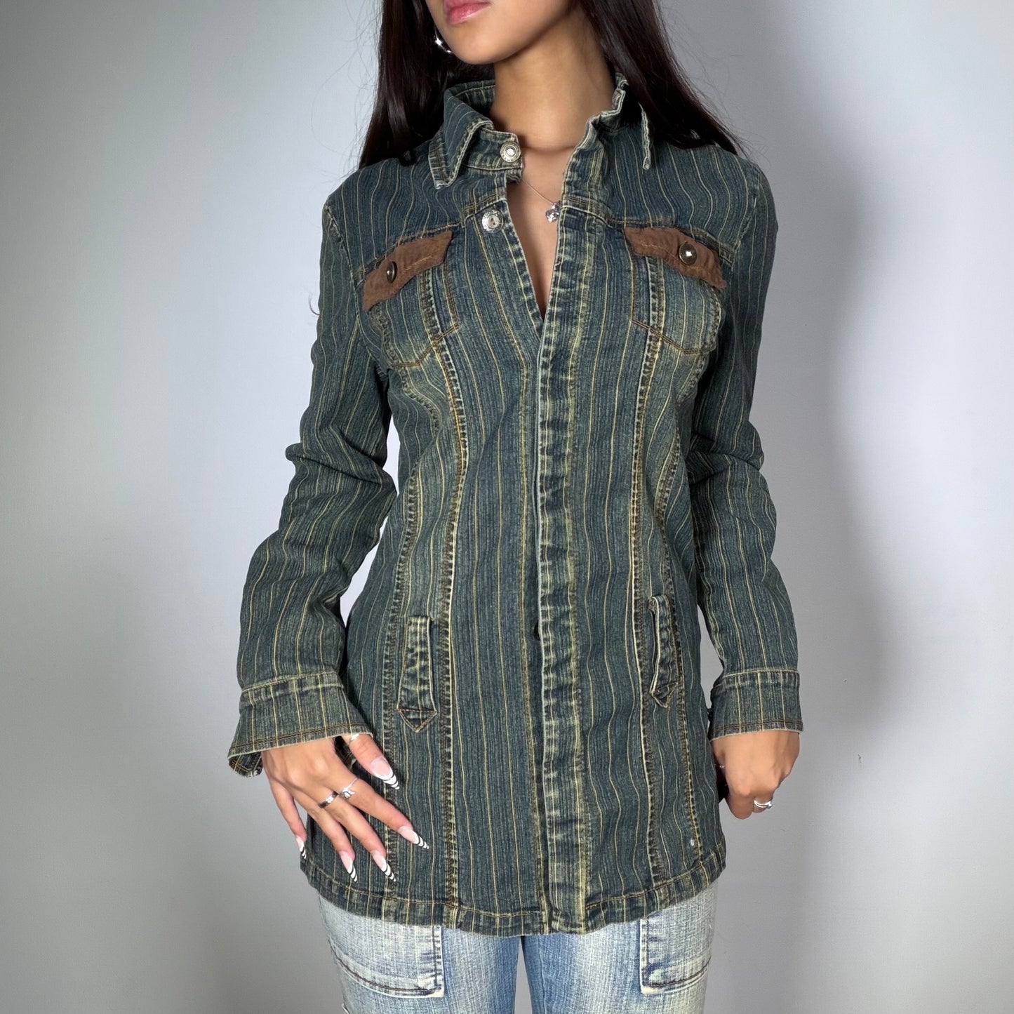 Vintage 90’s Archive Striped Denim Jacket with Brown Detail (M)