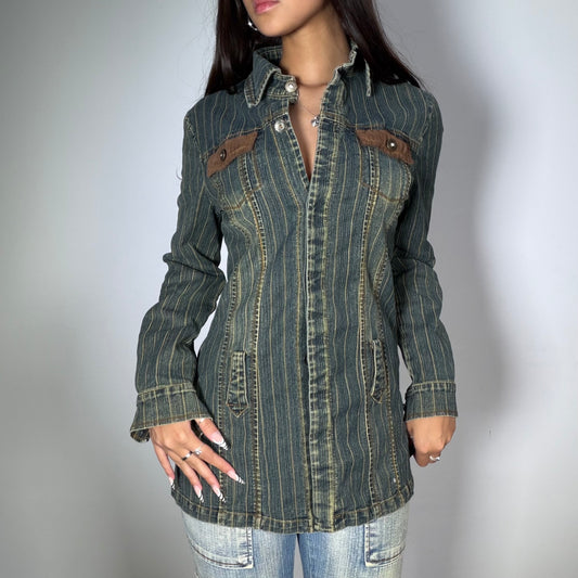 Vintage 90’s Archive Striped Denim Jacket with Brown Detail (M)