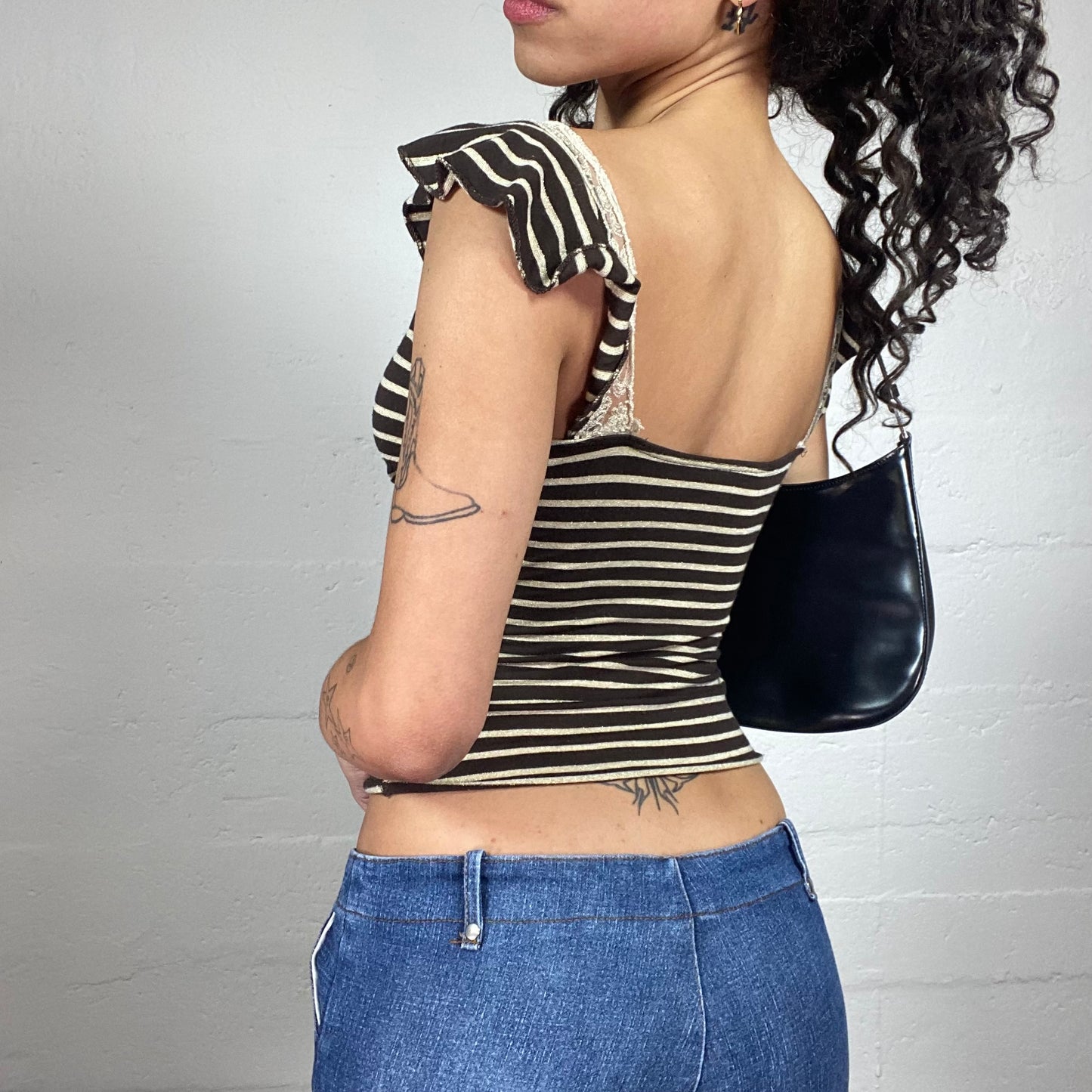 Vintage 2000's Coquette Brown and Creaky Striped Micro Draped Sleeves Cropped Top with Lace Decoration (M)