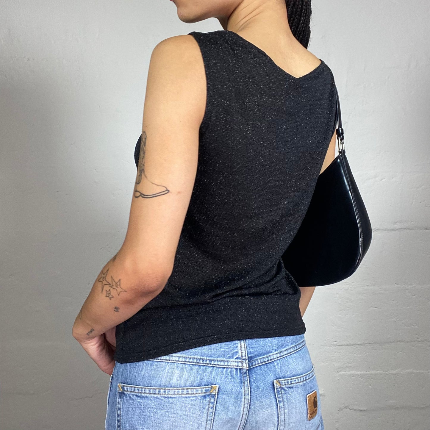 Vintage 2000's Glamorous Black Draped Shiny Sleeveless Top (S)