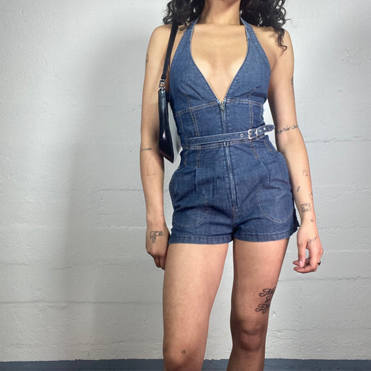 Vintage 2000's Miss Sixty Downtown Girl Classic Blue Denim Shorts Belted Neckholder Jumpsuit (S)
