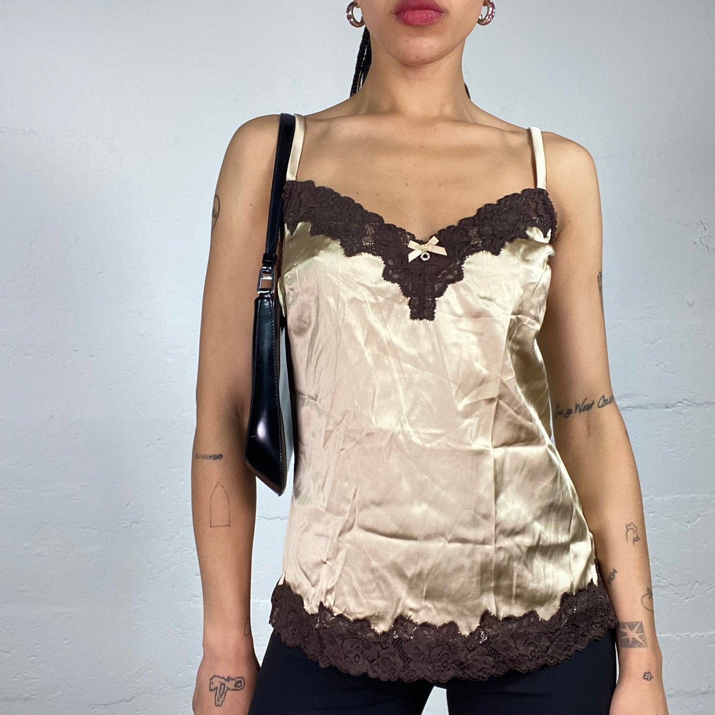 Vintage 2000's Soft Girl Coffee Toned Beige Silky Camisole Top with Brown Lace Details (S)