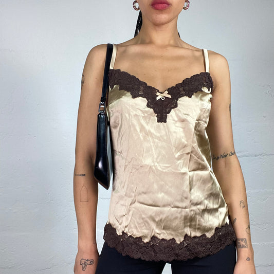 Vintage 2000's Soft Girl Coffee Toned Beige Silky Camisole Top with Brown Lace Details (S)