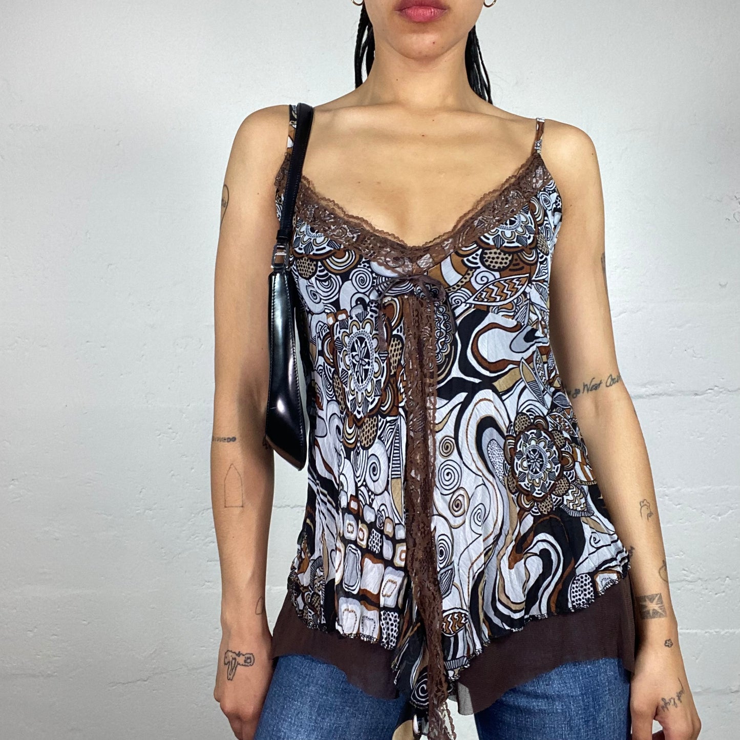 Vintage 2000's Romantic Brown and Light Blue Boho Style Printed Draped Cami Top with Lace Decoration (M)
