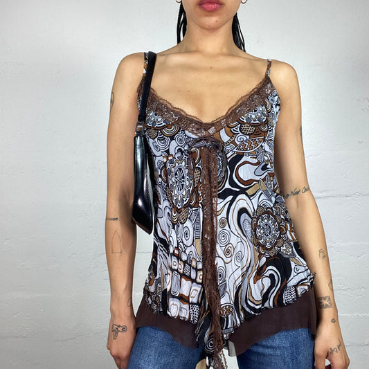Vintage 2000's Romantic Brown and Light Blue Boho Style Printed Draped Cami Top with Lace Decoration (M)