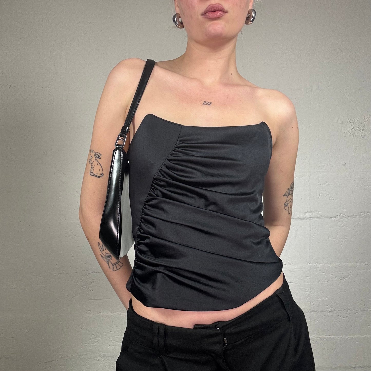 Vintage 2000's Morgan Chic Night Out Black Satin Draped Corset Top with Pointy Bra (XS)