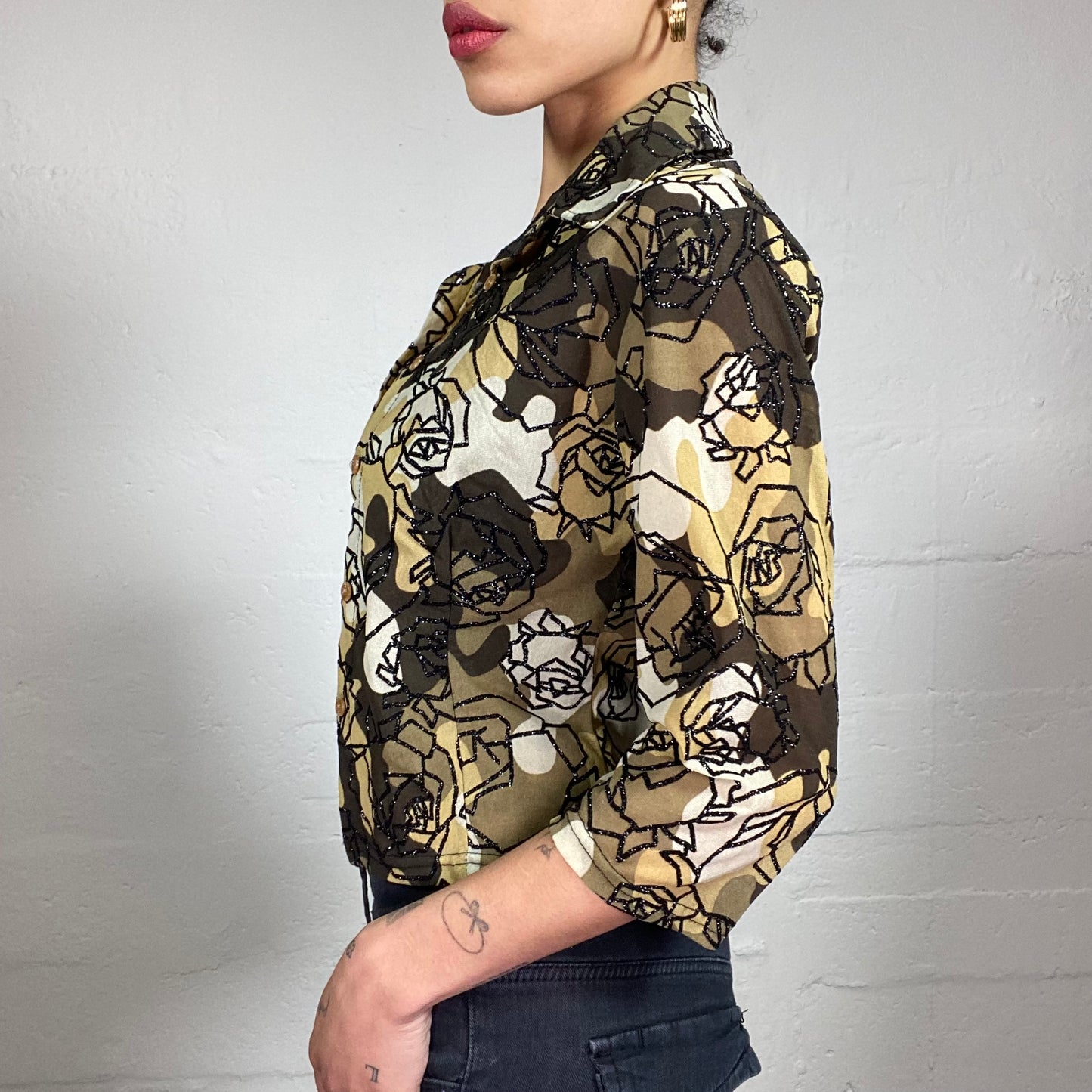 Vintage 2000's Romantic Bundle Button Up Shirt and Cami Top in Brown Tine with Black Glitter Rose Print (S/M)