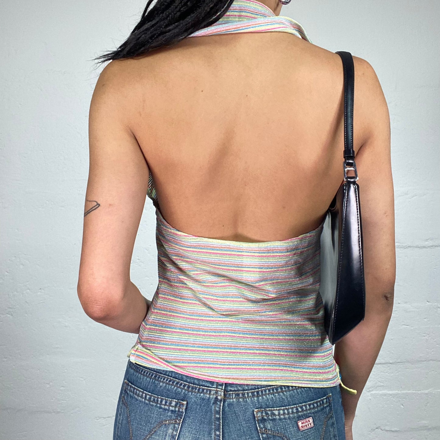 Vintage 2000's Miss Sixty Soft Girl Cream Mesh See Through Glitter Striped Collared Neckholder Top (M)