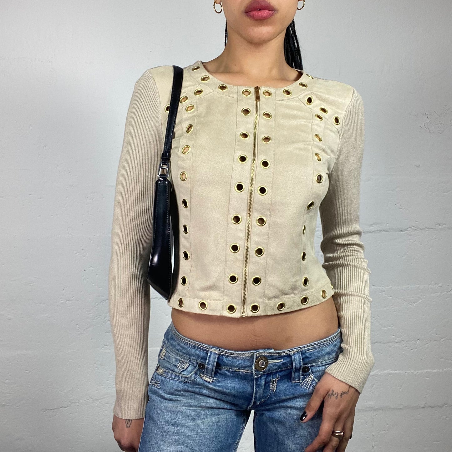 Vintage 2000's Downtown Girl Cold Beige Striped Jersey Longsleeve Zip Up Top with Golden Eyelet Details (S)