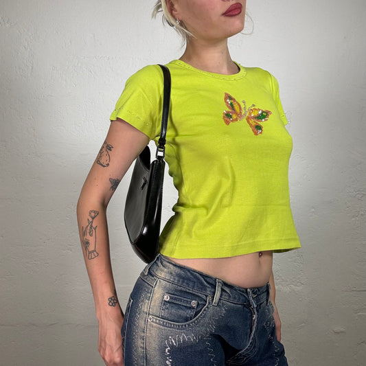 Vintage 90's Downtown Girl Light Green Shirt with Sequin Butterfly Print (M)