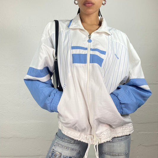 Vintage 90’s Archive Adidas White Zip Up Windbreaker with Baby Blue Print Details (S)