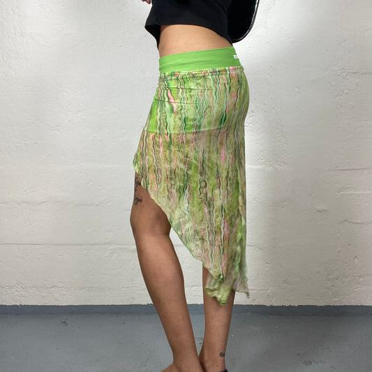 Vintage 2000's Fairy Girl Green Asymmetric Chiffon Skirt with Abstract Print (S)