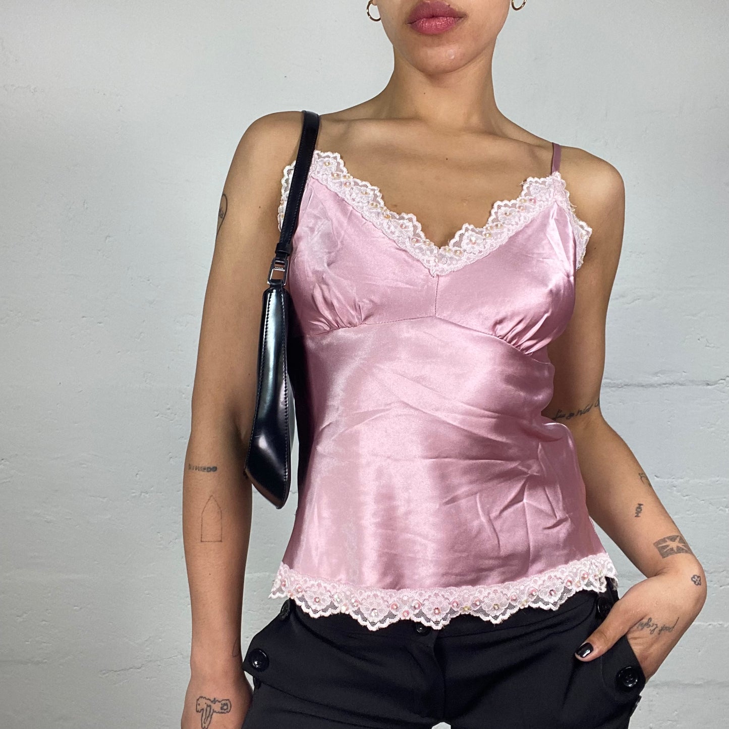 Vintage 2000's Soft Girl Satin Pink Cami Top with Lace Trim (S)
