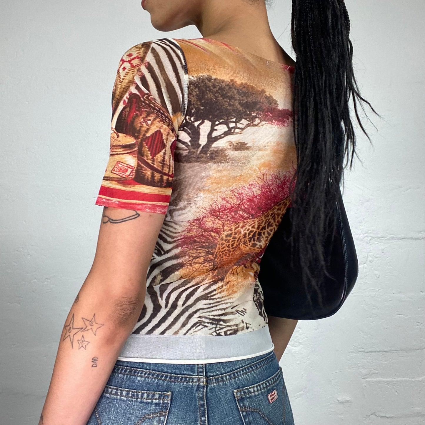 Vintage 2000's Summer Warm Toned Short Sleeved Top with Safari Print (S)