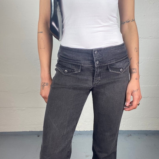 Vintage 2000's Streetstyle Black Washed Out Low Rise Flare Button Up Jeans (M)