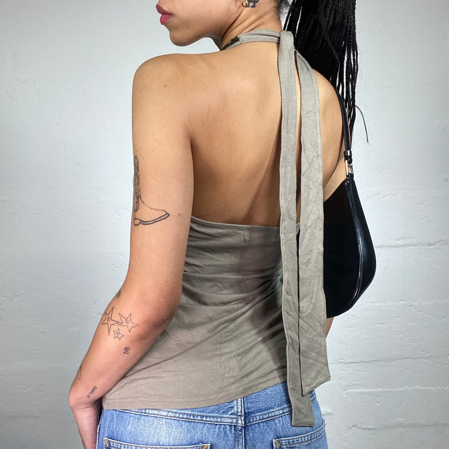Vintage 2000's Morgan Clubwear Grey Neckholder Top with Bronze Sequin Embroidery (M)