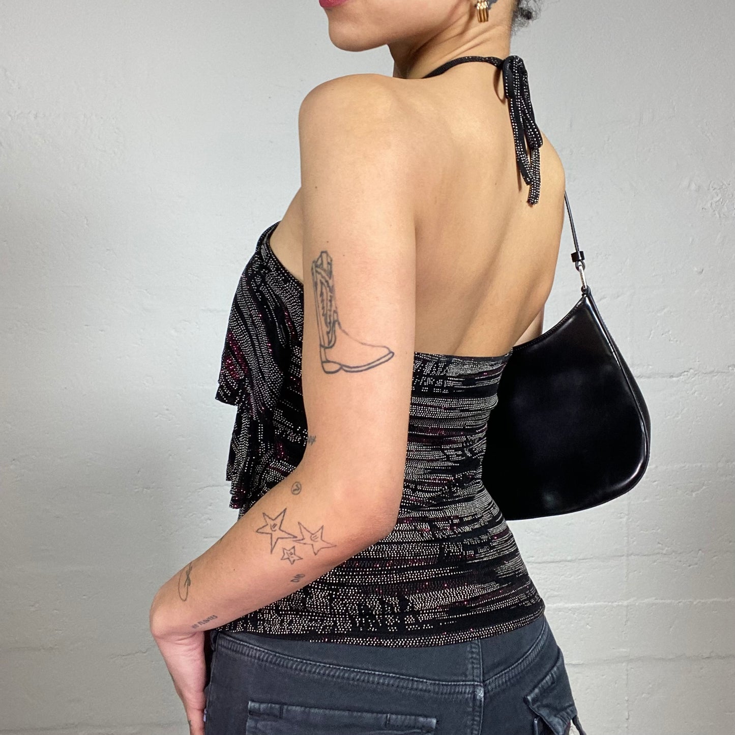 Vintage 2000's Clubwear Black Layered Neckholder Top Covered in Rhinestones (S)