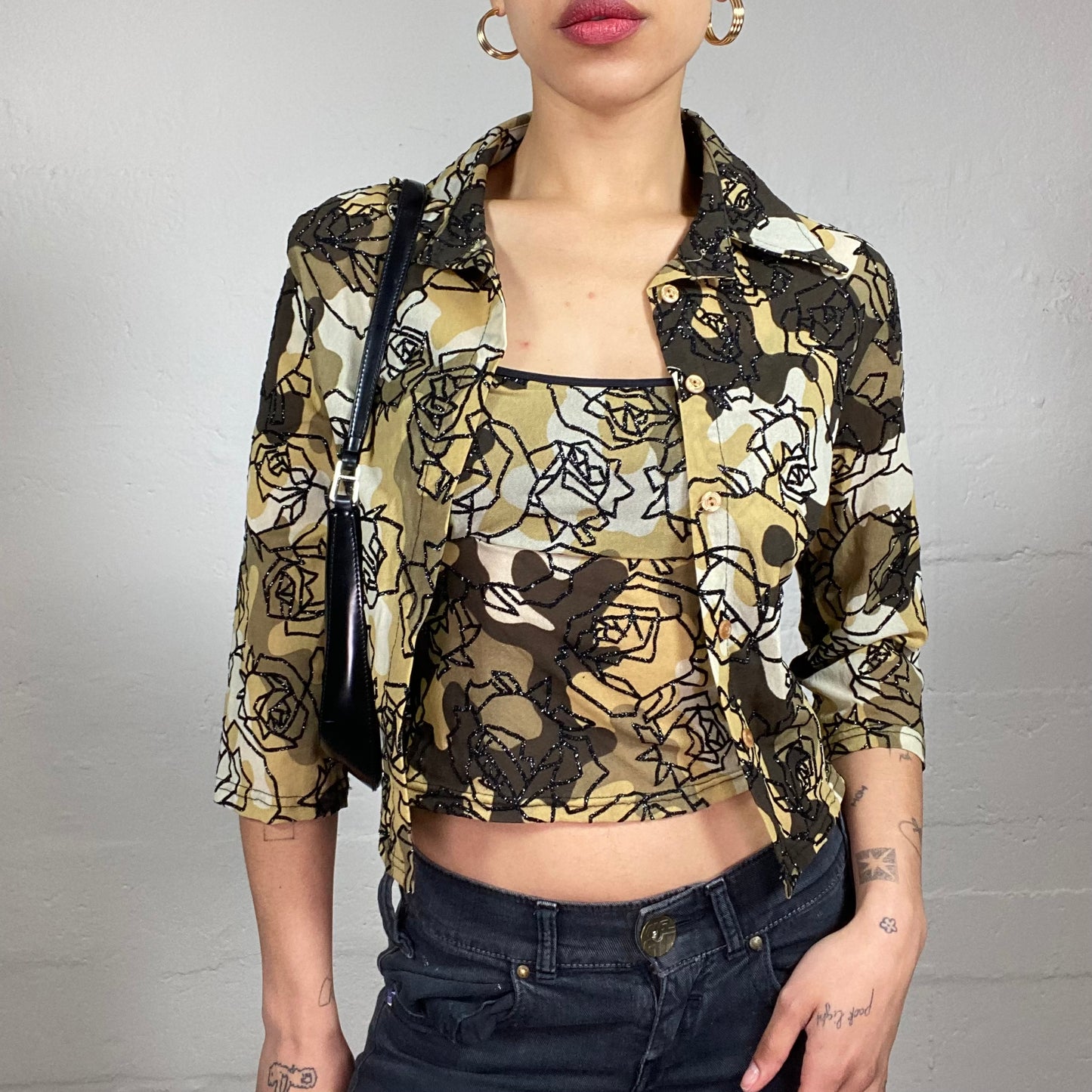 Vintage 2000's Romantic Bundle Button Up Shirt and Cami Top in Brown Tine with Black Glitter Rose Print (S/M)