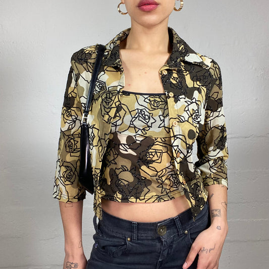 Vintage 2000's Romantic Bundle Button Up Shirt and Cami Top in Brown Tine with Black Glitter Rose Print (S/M)