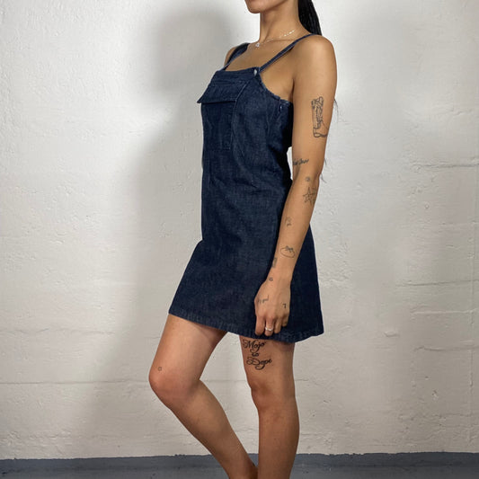 Vintage 2000's Downtown Girl Deep Blue Uniform Mini Denim Dress with Middle Pocket (M)